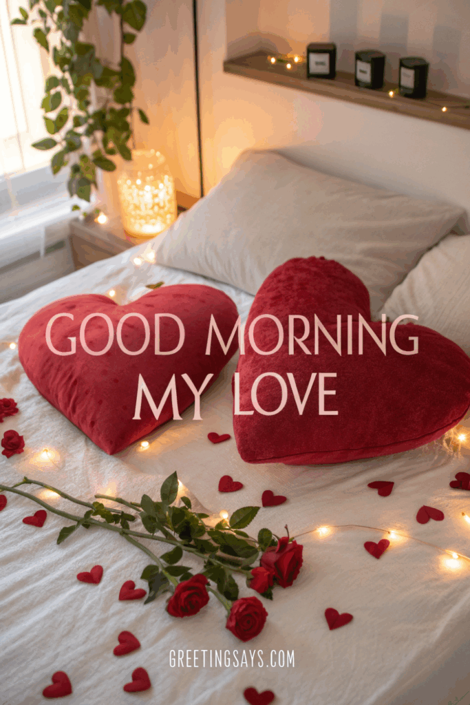 Two red heart pillows on a cozy bed with roses and fairy lights, “Good Morning My Love.”