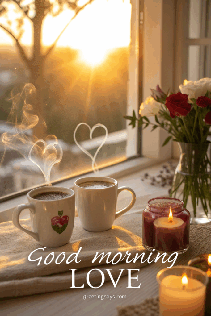 Two steaming coffee mugs by a sunny window with candles and flowers, “Good Morning Love.”