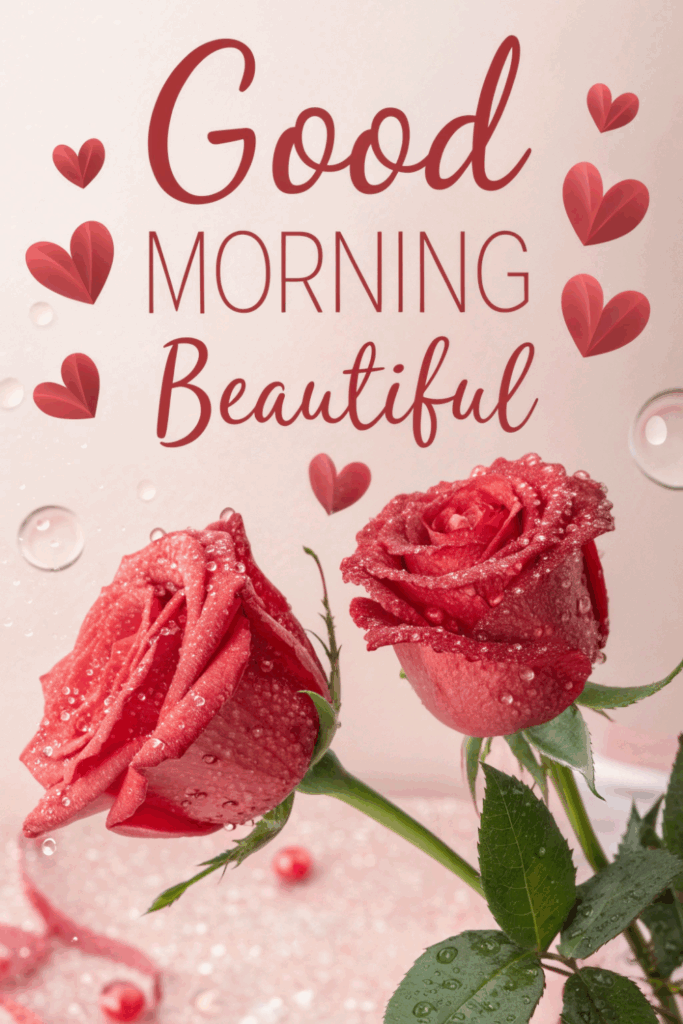 Dewy red roses with heart designs and quote “Good Morning Beautiful.”