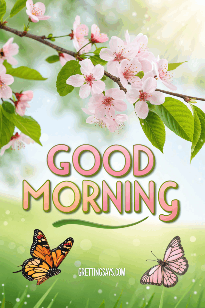 Cherry blossoms and butterflies glowing under sunlight with text “Good Morning.”