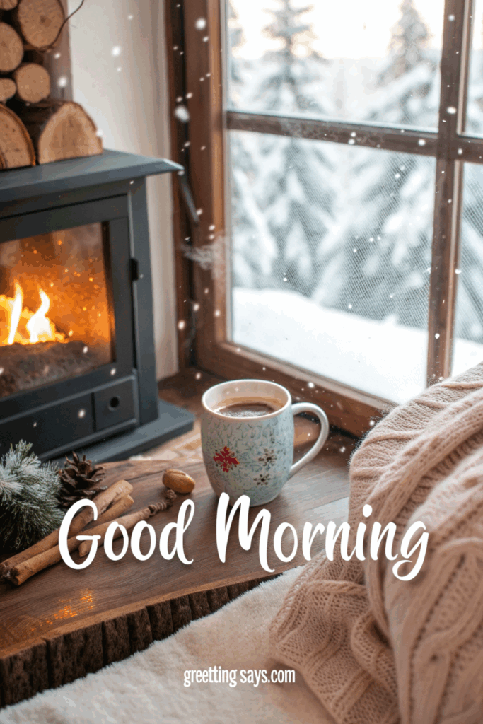 Cozy winter morning with coffee mug by fireplace and snow outside, “Good Morning.”