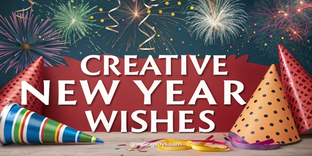 Festive New Year scene with colorful fireworks in the night sky, party hats, confetti, and streamers placed on a table, featuring a bold title reading Creative New Year Wishes in a bright celebratory atmosphere.