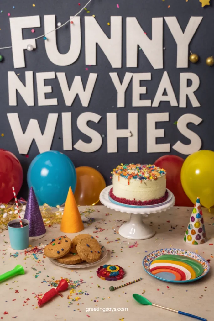 Playful party setup with a decorated cake, balloons, cookies, party hats, and confetti scattered on a table, creating a cheerful and humorous New Year celebration mood with a large Funny New Year Wishes title.