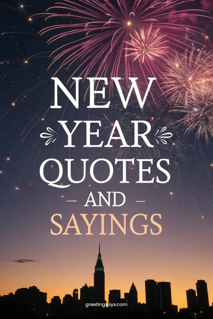 Nighttime city skyline with bright fireworks lighting the sky, creating an inspiring New Year scene with elegant typography displaying New Year Quotes and Sayings in a bold and readable style.