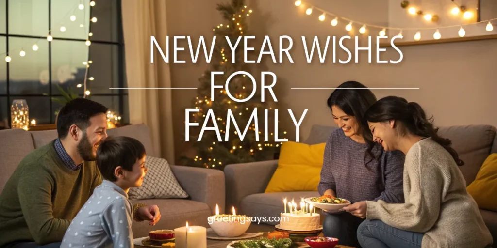 Warm indoor family gathering with parents and children smiling around a table with candles and food, decorated with soft lights, showing a heartfelt New Year Wishes for Family message.