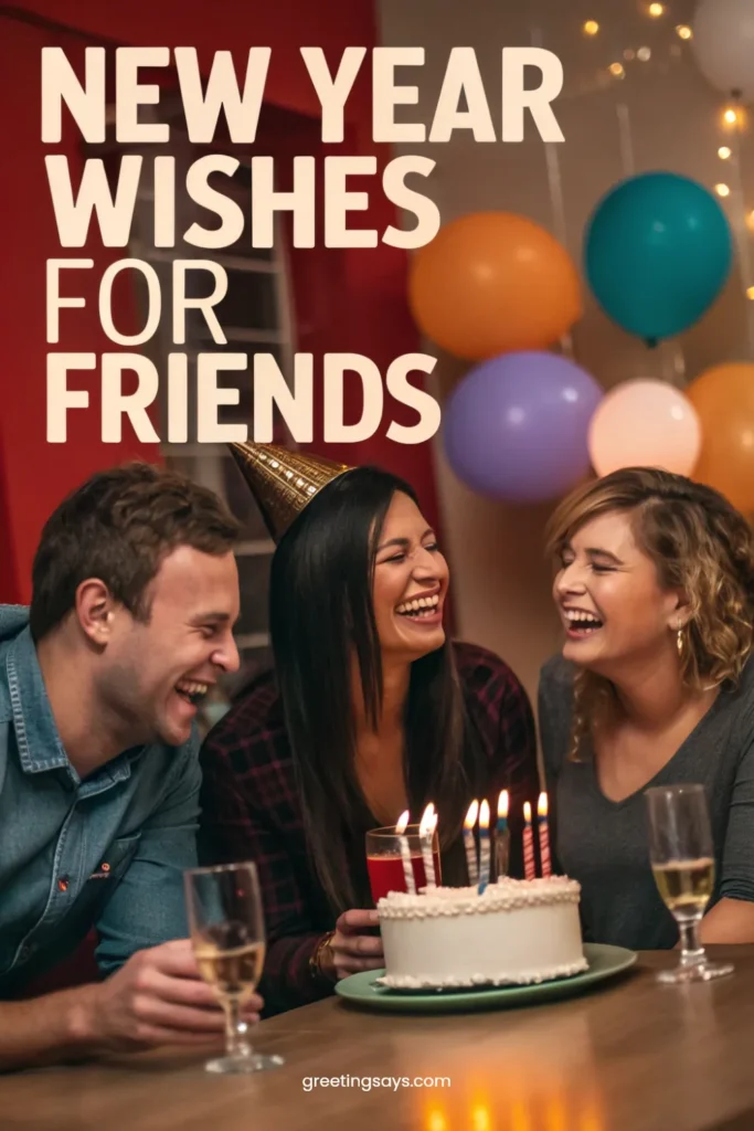 Happy group of friends laughing together around a birthday style cake and drinks, surrounded by balloons and warm lighting, featuring a bold New Year Wishes for Friends title.