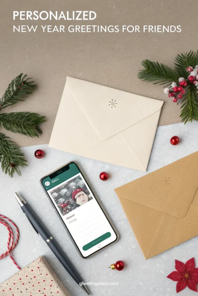 Flat lay arrangement of envelopes, greeting cards, a smartphone, pen, and festive decorations on a neutral background, highlighting Personalized New Year Greetings for Friends with a clean modern look.