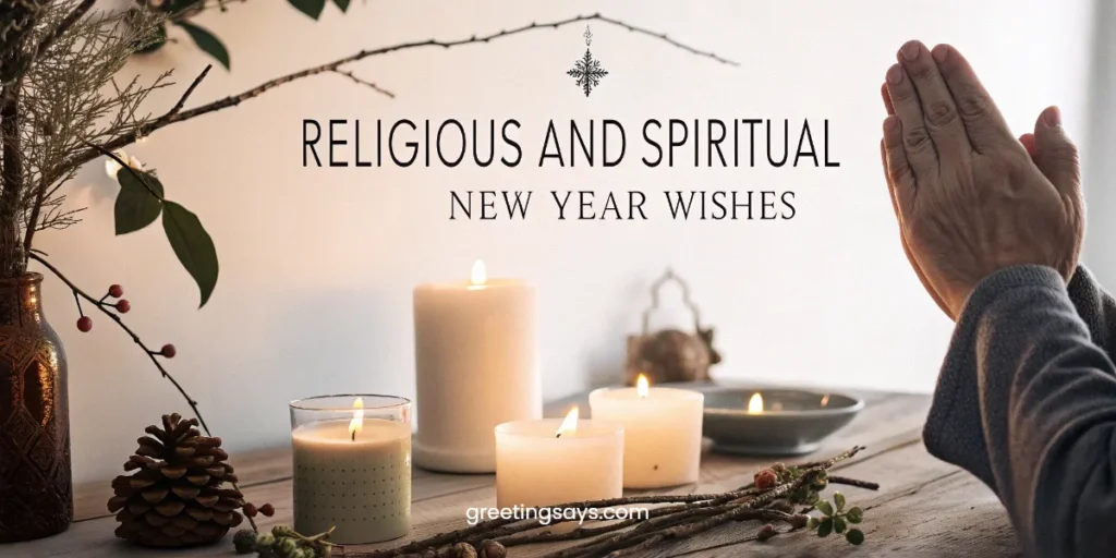 Peaceful scene with lit candles on a wooden table and hands joined in prayer, creating a calm spiritual atmosphere with a clear Religious and Spiritual New Year Wishes title.