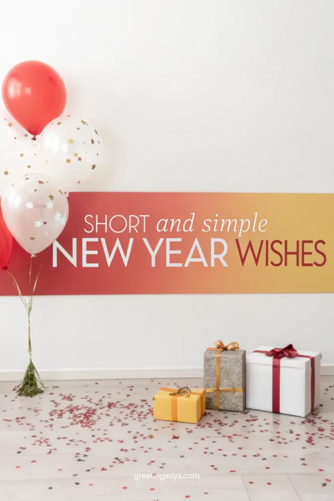 Minimal festive setup with balloons, wrapped gifts, confetti on the floor, and a clean background, featuring a bold Short and Simple New Year Wishes banner.