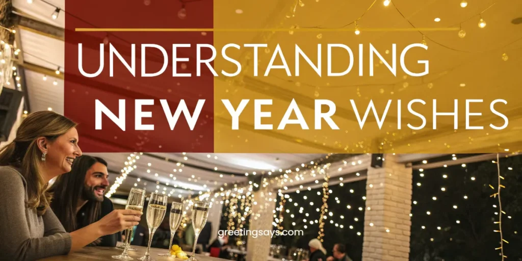 Elegant New Year celebration scene with people holding champagne glasses under warm string lights, combined with a modern color overlay and a bold title reading Understanding New Year Wishes.